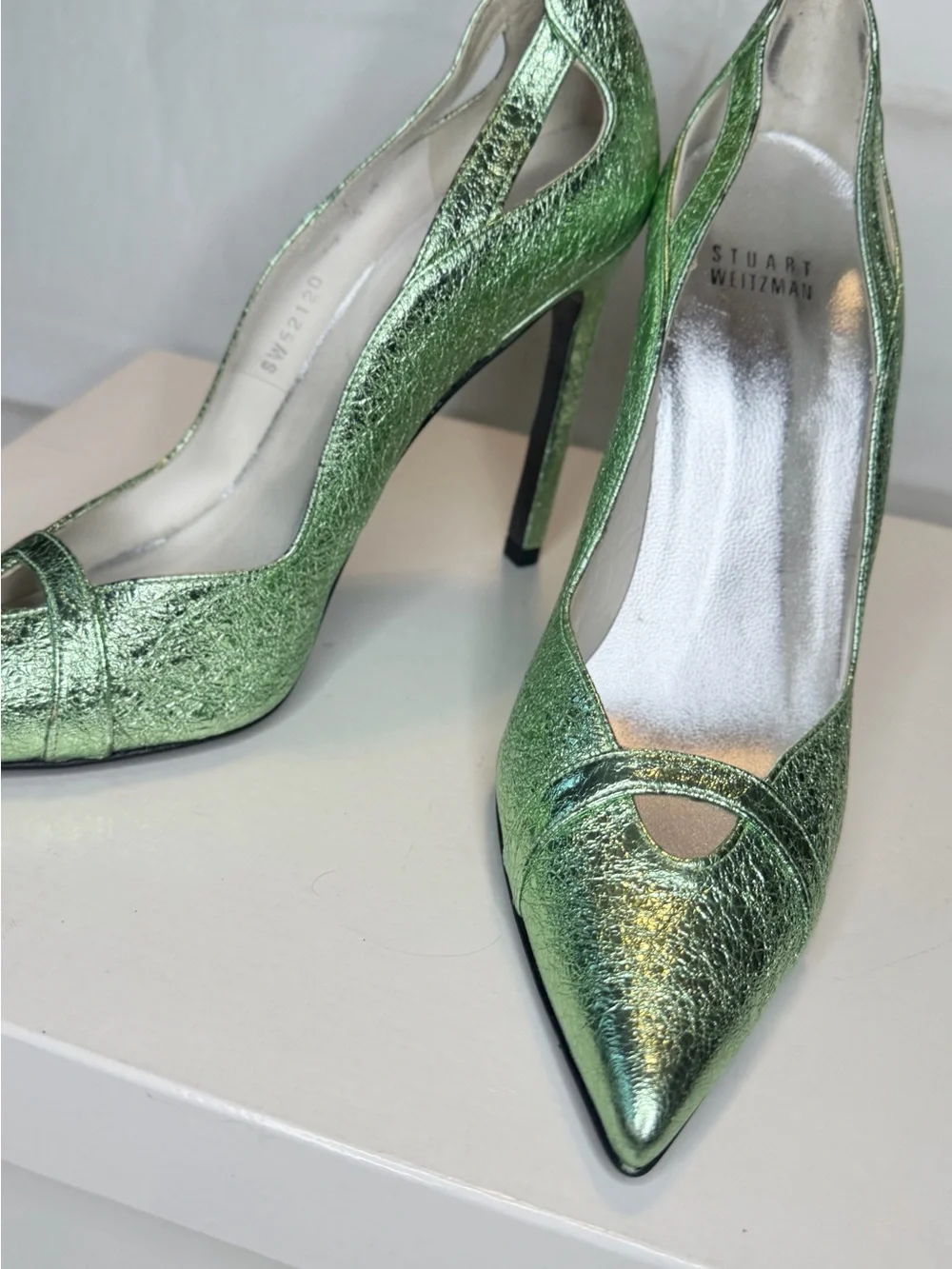 Stuart Weitzman Metallic Lime Green Cutout Pointed-Toe Pumps - Picture 3 of 6